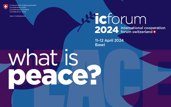 Bannière avec le logo de l’IC Forum 2024 avec le texte: «What is peace?». En arrière-plan, une colombe tient un rameau d’olivier.