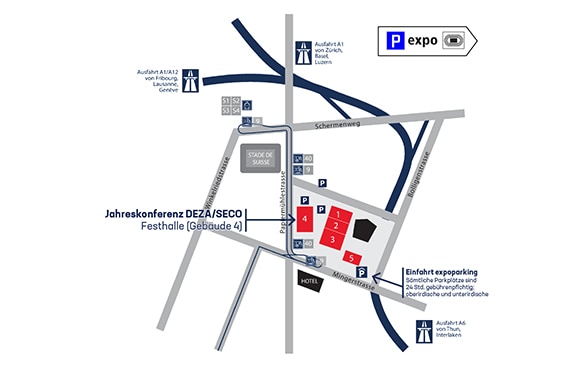 Plan du site d’exposition BERNEXPO indiquant l’emplacement des parkings, les arrêts des transports publics et les sorties d’autoroute.