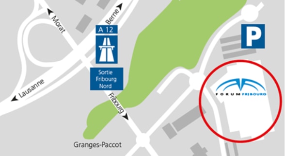 Lageplan des Forum Fribourg mit Routenplan für Autos ab der Autobahnausfahrt und Hinweis auf den nächstgelegenen Parkplatz.