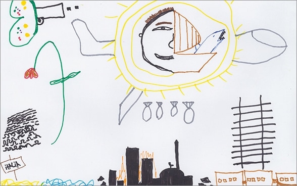 Disegno di un piccolo profugo siriano, mostrando scene di un attacco aereo.