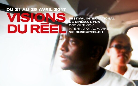 Film poster of the Visions du Réel festival showing two men in a car.
