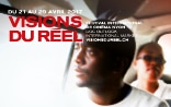 Film poster of the Visions du Réel festival showing two men in a car. 
