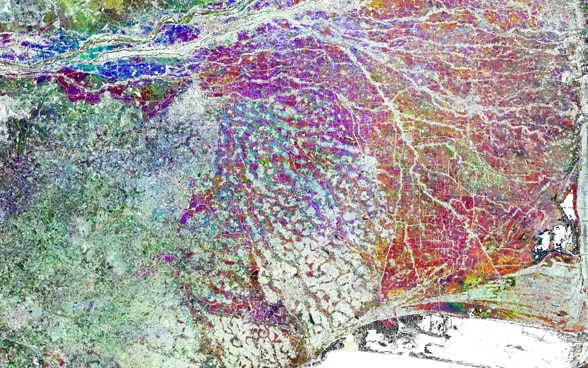 Image satellite d'une zone de riziculture avec indicateurs de couleur utilisés pour estimer les rendements.