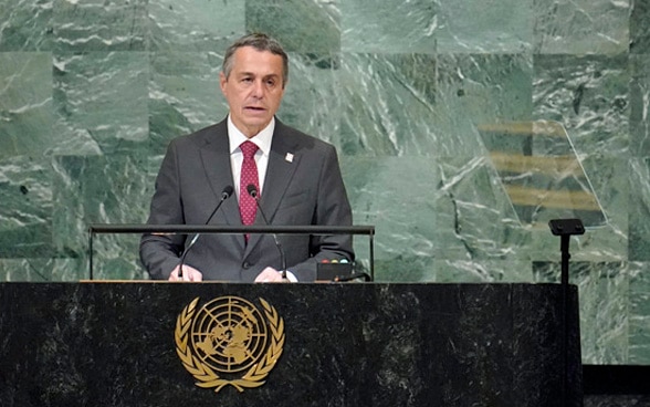 Swiss President Ignazio Cassis addressing the UN General Assembly in New York.