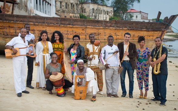 Group photo of Nile Project musicians. 