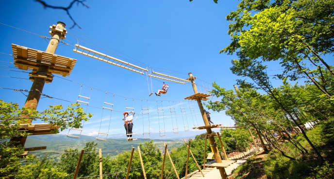 Two people on an adventure park ropes course.