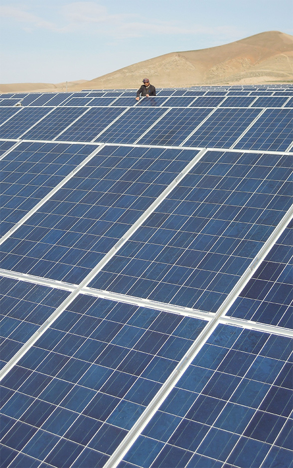 Solar panels in a desert in Afghanistan.