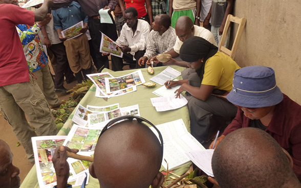 Ein Mann verteilt Informationsblätter an Bauern in Ruanda.