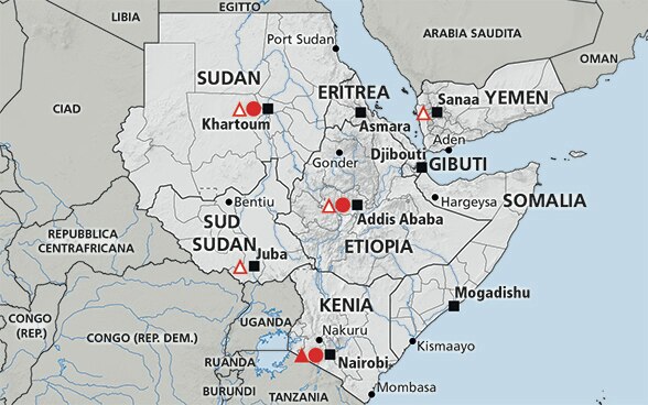 Cartina della regione del Corno d’Africa allargato (Somalia, Etiopia, Kenia, Sudan del Sud, Yemen, Eritrea, Gibuti, Sudan)