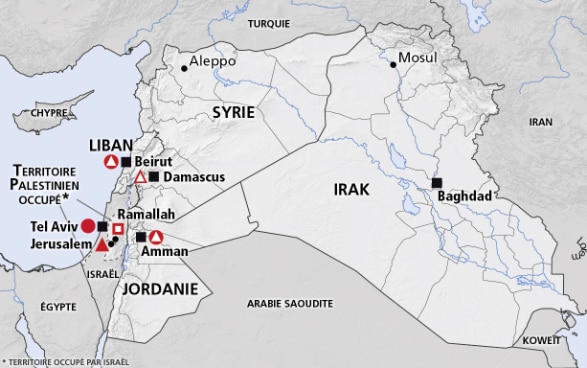 Carte de la région du Moyen-Orient (Syrie, Liban, Jordanie, Irak)