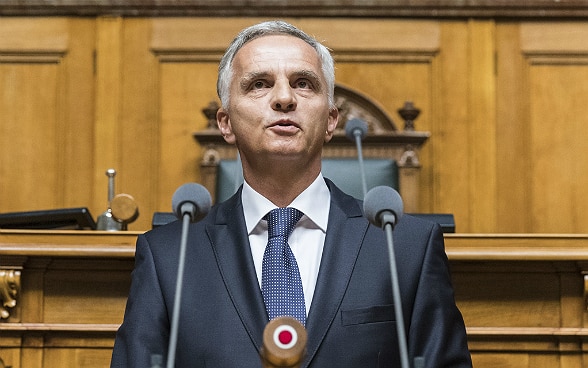 Federal Councillor Didier Burkhalter during his speech in front of the Uited Federal Assembly.