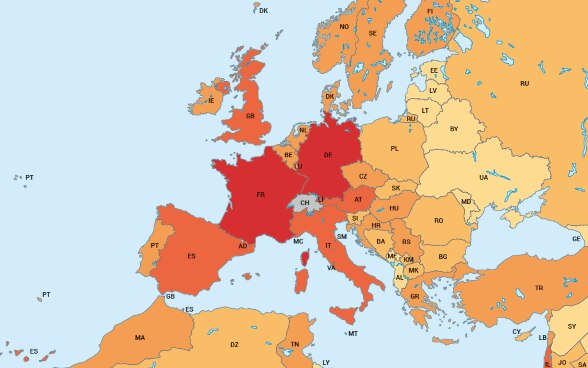 Sur la carte, les pays de l’Europe sont marqués selon le nombre de Suisses de l’étranger qui y habitent.