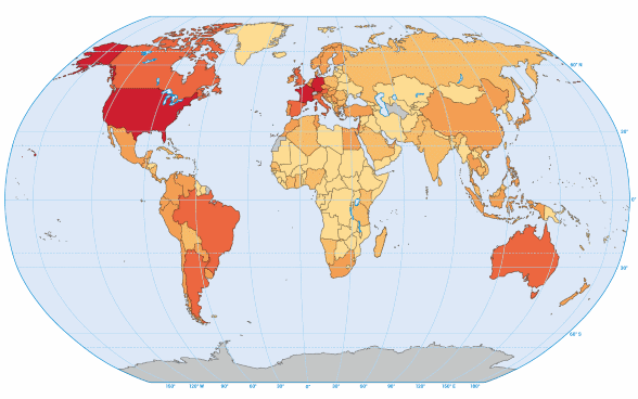 Sur la carte, les pays du monde sont marqués selon le nombre de Suisses de l’étranger qui y habitent.