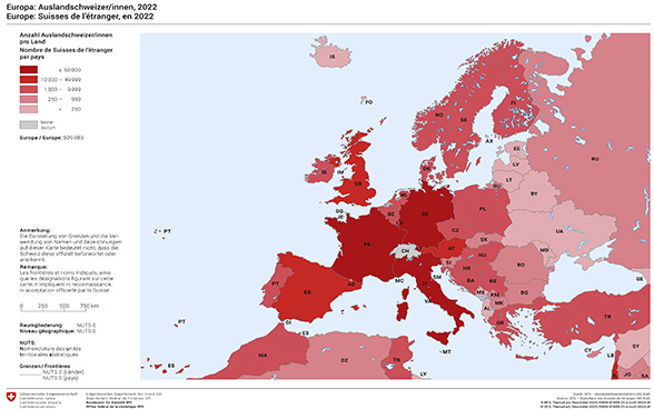 En Europe, la majorité des Suisses et Suissesses de l’étranger résident en France, en Allemagne et en Italie (en rouge).