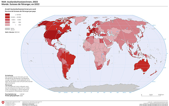 La majorité des Suisses et Suissesses de l’étranger résident en Europe et, dans une moindre mesure, aux États-Unis (en rouge).