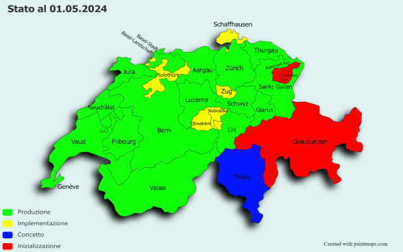 La cartina svizzera illustra lo stato di avanzamento dei lavori d’introduzione del sistema di notifica elettronica a colori per cantone.