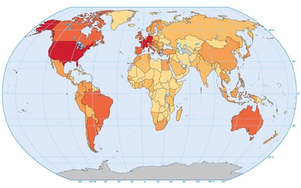 On this world map, the individual countries are color-coded according to the number of Swiss citizens that reside in them.