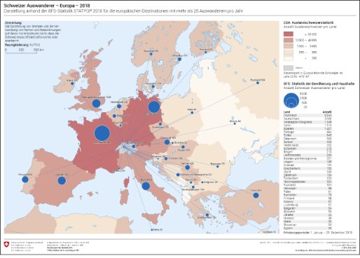 Karte der Schweizer Auswanderer in Europa im Jahr 2018