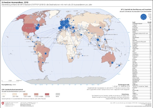 Karte der Schweizer Auswanderer weltweit im Jahr 2018