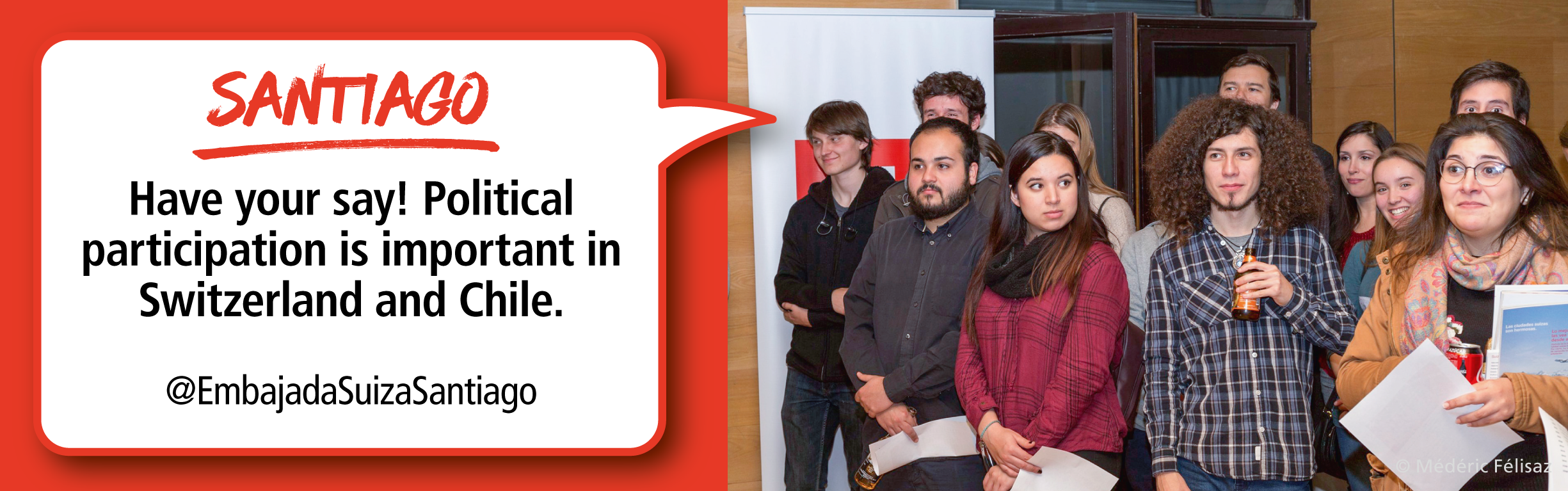 Group photo in Santiago. The speech bubble reads "Political participation is important".