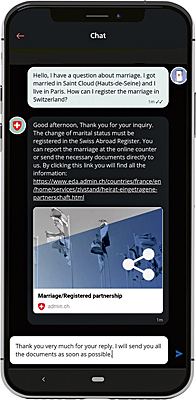 The image shows a smartphone displaying the app's chat feature. 
