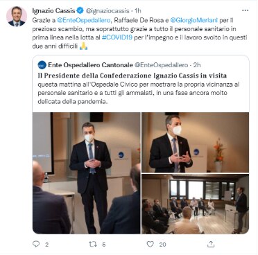 Tweet del presidente della Confederazione Ignazio Cassis in reazione a un messaggio su Twitter dell'ospedale dopo la sua visita.