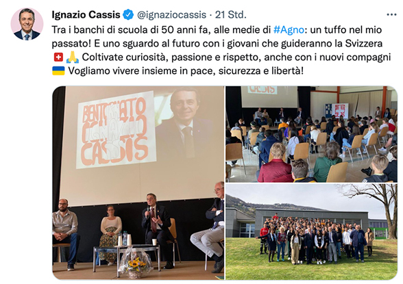 Bundespräsident Cassis twitterte von der Sekundarschule Agno, mit drei Bildern: zwei während des Treffens in der Aula und eines mit der Gruppe.  