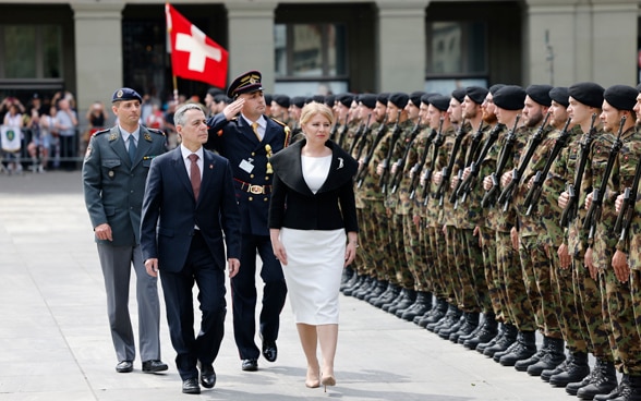 Le Conseil fédéral accueille la présidente de la République slovaque Zuzana Čaputová et la délégation slovaque au Palais fédéral à Berne.