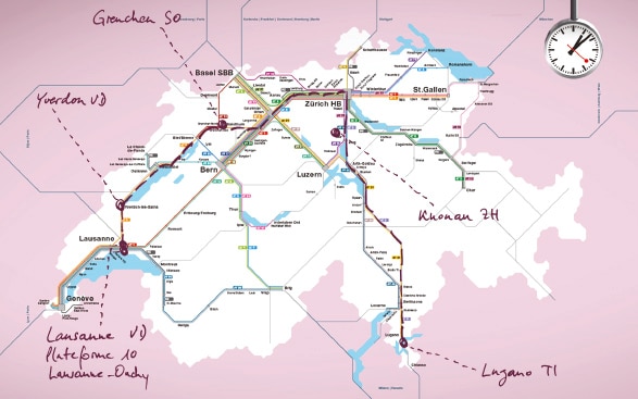 Carte de la Suisse avec le réseau ferroviaire, sur laquelle sont inscrits à la main les lieux où le président de la Confédération Cassis se rendra le 1er août.