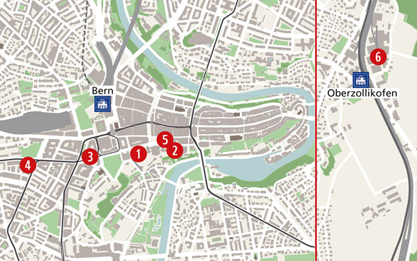 Map of Bern with marked locations of the FDFA's head office buildings.