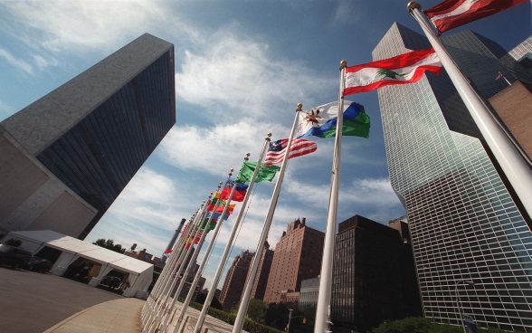 Flags of the UN member states in front of the UN Headquarters in New York.