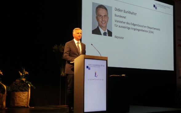Federal Councillor Didier Burkhalter giving a speech at the 'Entrepreneur Day Liechtenstein, Rheintal, Vorarlberg'.