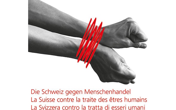 Symbolbild für Menschenhandel: von roten Linien gefesselte Hände