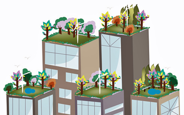 Bâtiments aux toitures végétalisées, illustration.