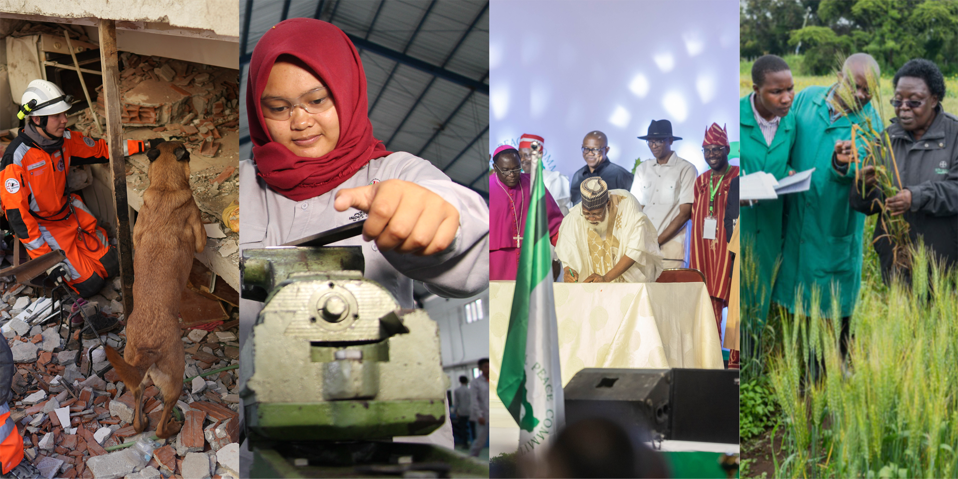 Four pictures stand side by side and show examples of IC's commitment: a rescuer with a dog in front of a collapsed house, a woman working on a machine, several people signing a peace treaty and a man showing an ear of corn to young people and explaining something.