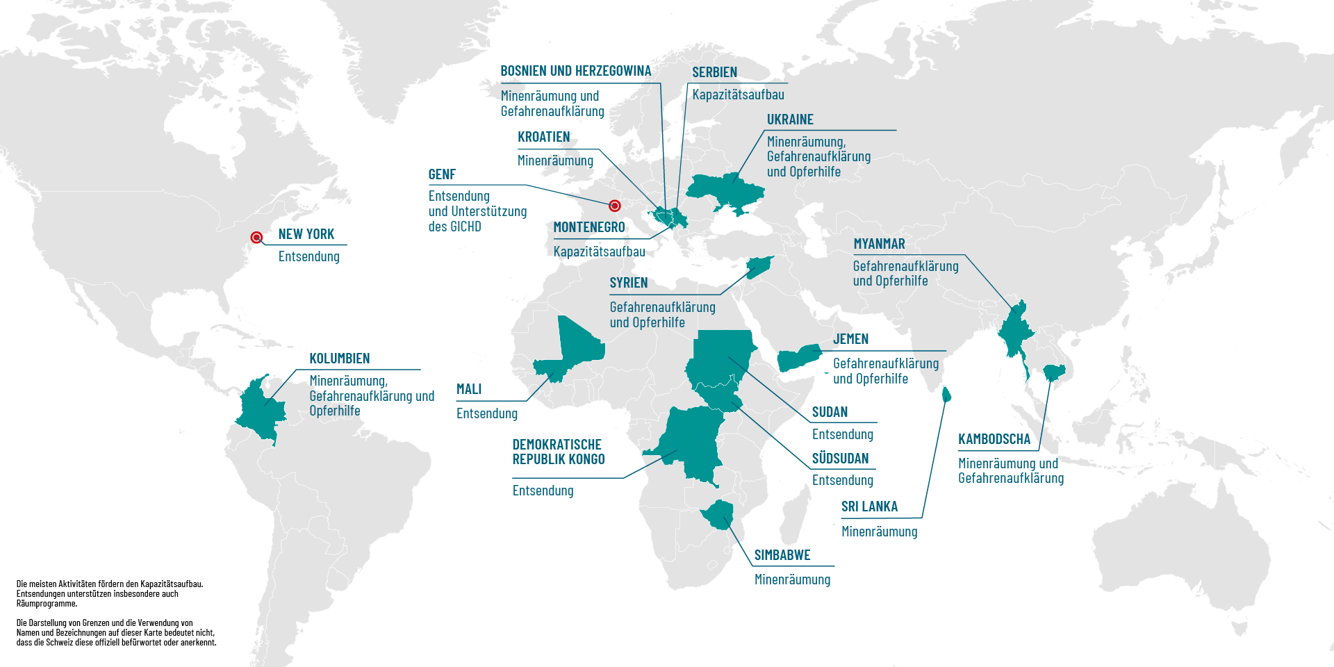 Karte mit den Ländern, in denen die Schweiz in der humanitären Minenräumung aktiv ist.