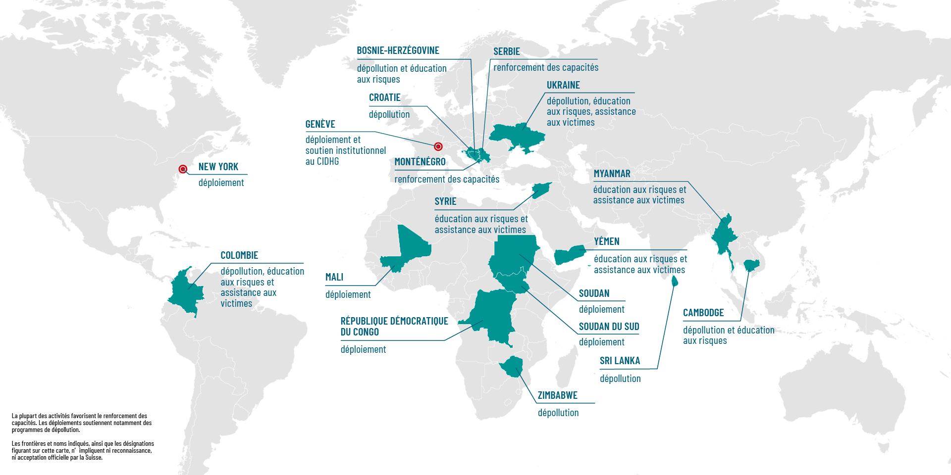 Carte des pays dans lesquels la Suisse est active en matière de déminage humanitaire.