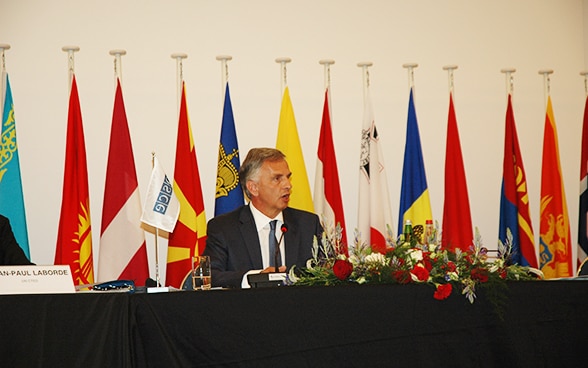 Bundespräsident Didier Burkhalter bei der Eröffnungsrede an der Konferenz zur Terrorismusbekämpfung