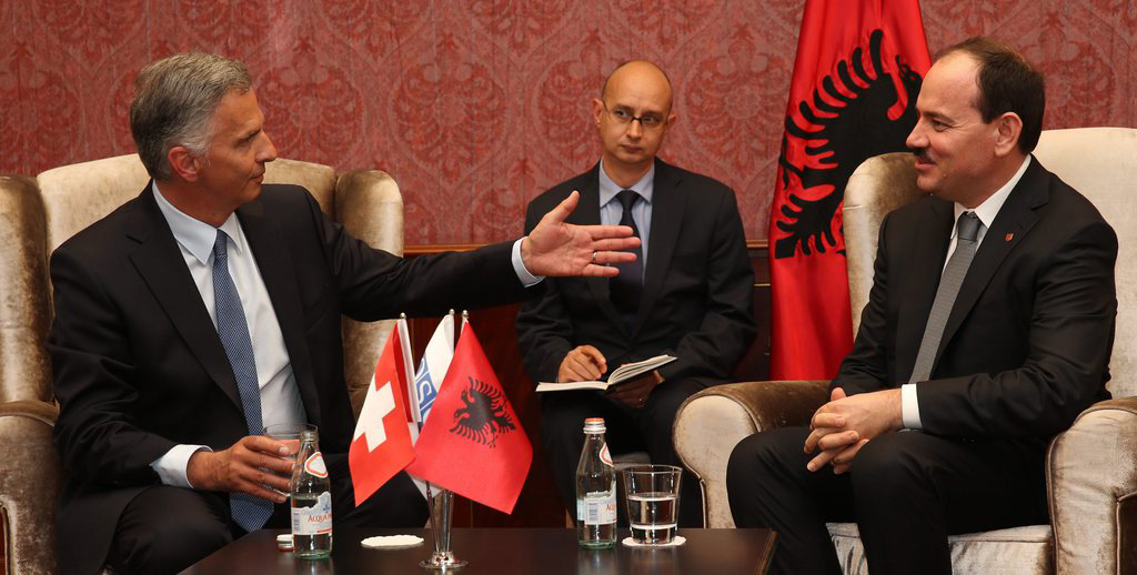 President of the Confederation Didier Burkhalter talks to the Albanian president, Bujar Nishani, in Tirana