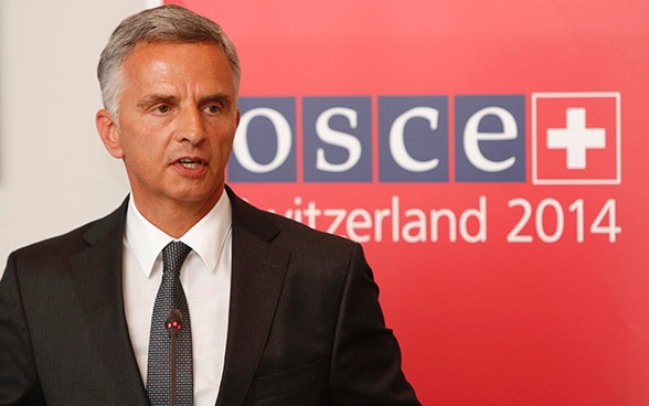 Didier Burkhalter, Chairperson-in-Office of the OSCE, answering questions at the press conference of the 2014 Annual Security Review Conference in Vienna