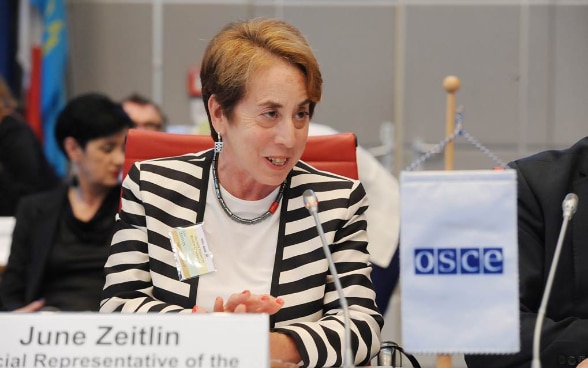 La Représentante spéciale pour la parité des sexes de la présidence suisse de l’OSCE, June Zeitlin, présidant le panel de haut niveau lors de l'ouverture de la toute première conférence d'examen sur l'égalité entre les sexes