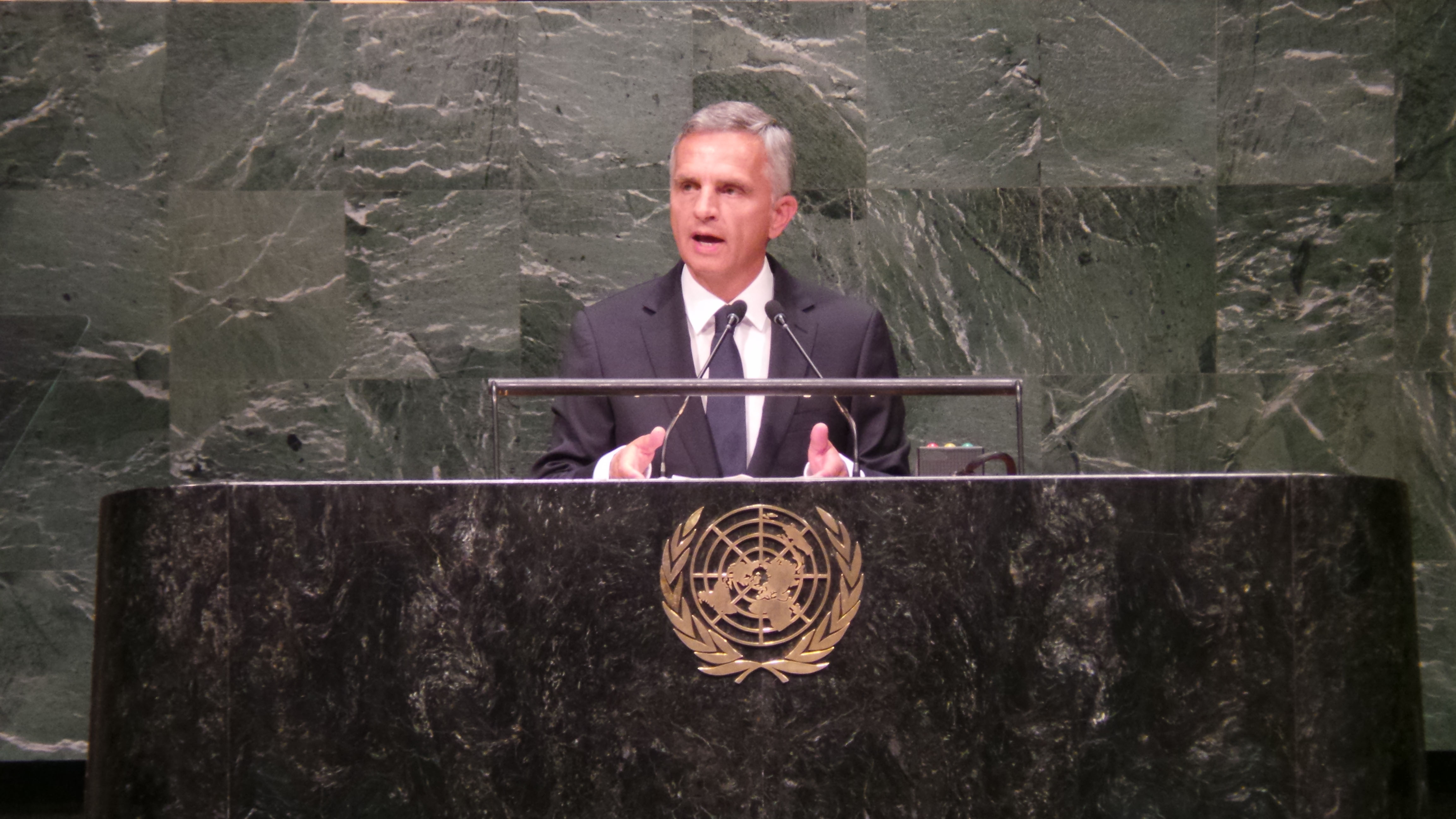 The President of the Swiss Confederation, Didier Burkhalter, speeks at the UN General Assembly in New York