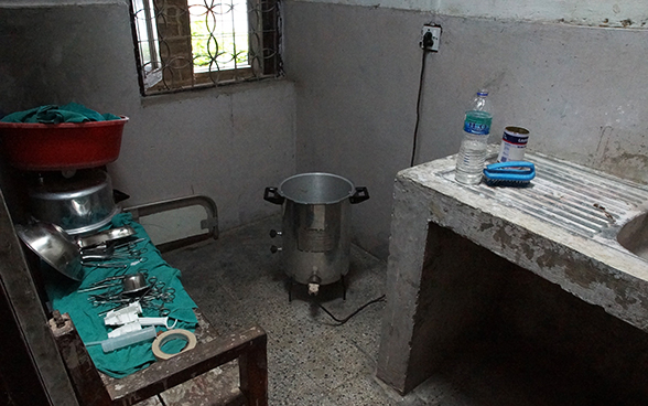 Surgical instruments on a table in the earthquake area in Nepal.