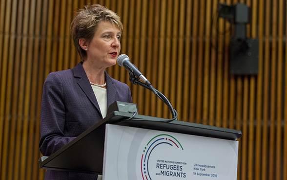 Bundesrätin Simonetta Sommaruga spricht an der Plenarsitzung des UNO-Gipfels für Flüchtlinge und Migranten.