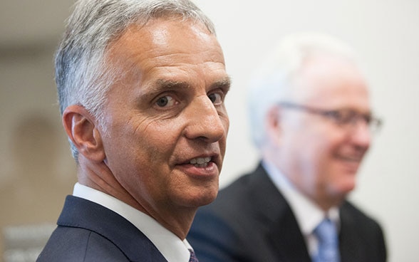 Close-up image of Federal Councillor Didier Burkhalter at the high level week of the 2016 UN General Assembly.