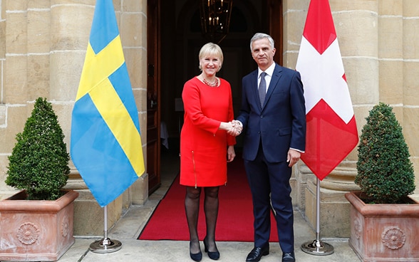 Federal Councillor Didier Burkhalter shaking hands with Swedish Foreign Minister Margot Wallström.