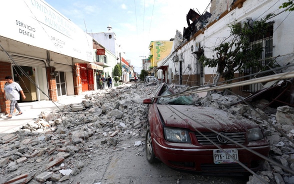 Instable buildings and rubble in a street in Jojutla, the state of Morelos, Mexico.