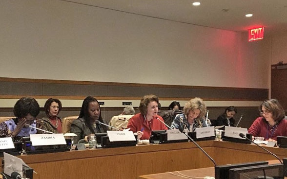 Eight woman from different countries sit around a table and discuss.