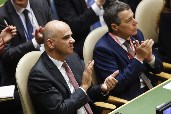 Le président de la Confédération Alain Berset (gauche) et le conseiller fédéral Ignazio Cassis, lors de la 73e session de l'Assemblée générale des Nations Unies