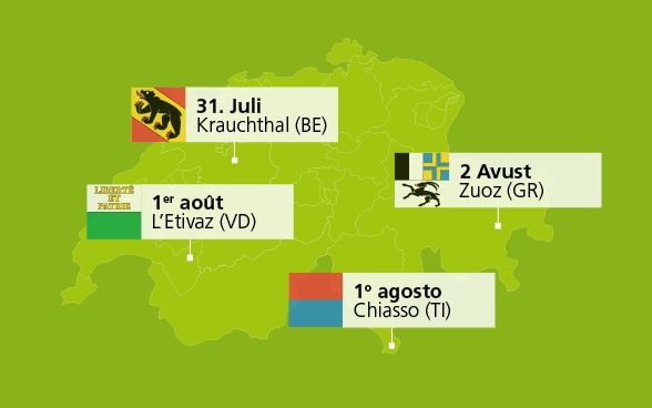 Quattro bandiere su una cartina della Svizzera. 